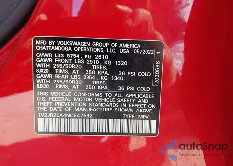 2022 Volkswagen Atlas 3.6L V6 Se W/Technology z USA, uszkodzony, nr VIN 1V2JR2CA4NC547562